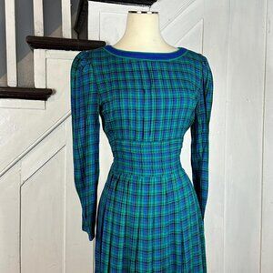 Vintage 80s Prairie Style Green and Blue Plaid Peasant Maxi Dress